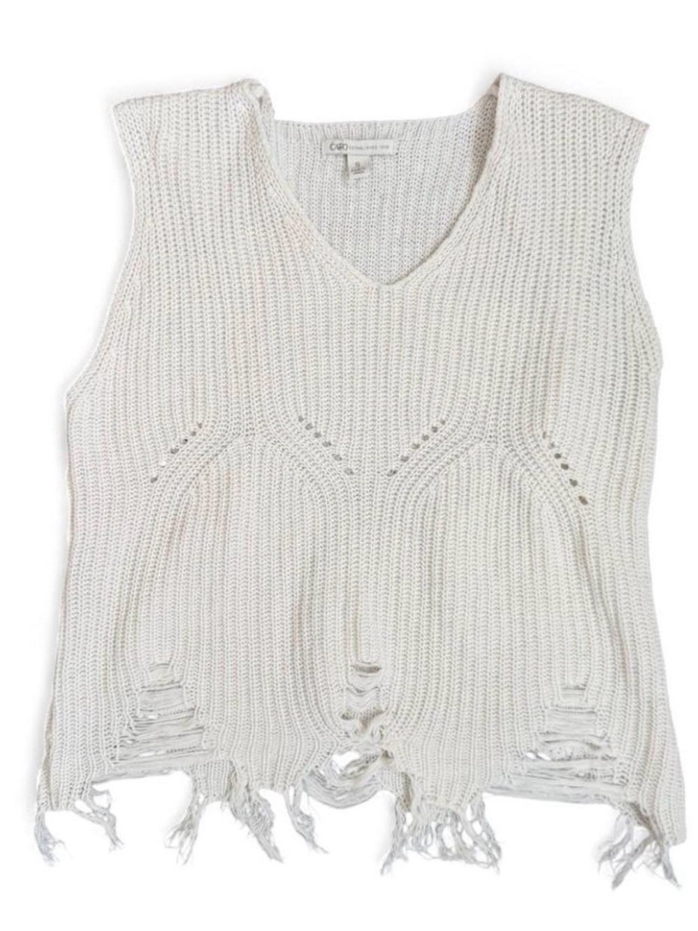 Cato Distressed Knit Sleeveless V-Neck Top in Cream